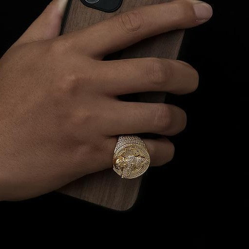 Angel Signet Ring for Men with Zircon Stone Pavé, Hip Hop Geometric Circle Ring, Gold Tone or White Tone, Sizes 7 8 9 10 product image
