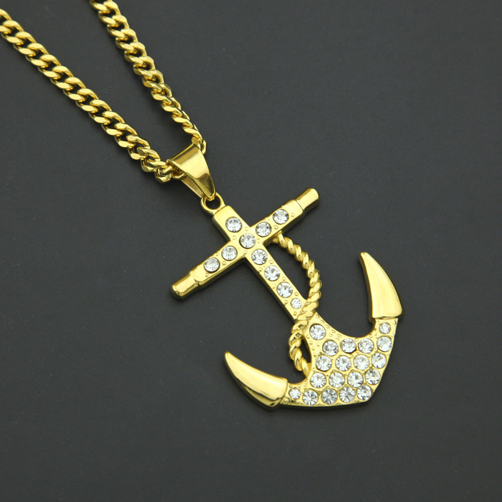 Gold Stainless Steel Anchor Pendant Necklace with Diamond-Look Stones - 5mm Cuban Chain Hip Hop Statement Jewelry for Women and Men