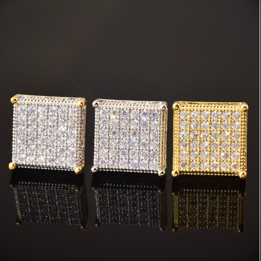Square Iced Out Stud Earrings for Men Unisex Hip Hop Style