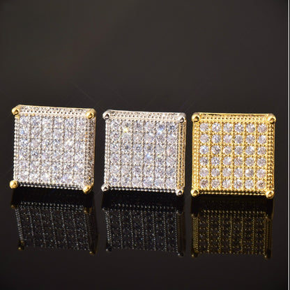 Square Iced Out Stud Earrings for Men Unisex Hip Hop Style