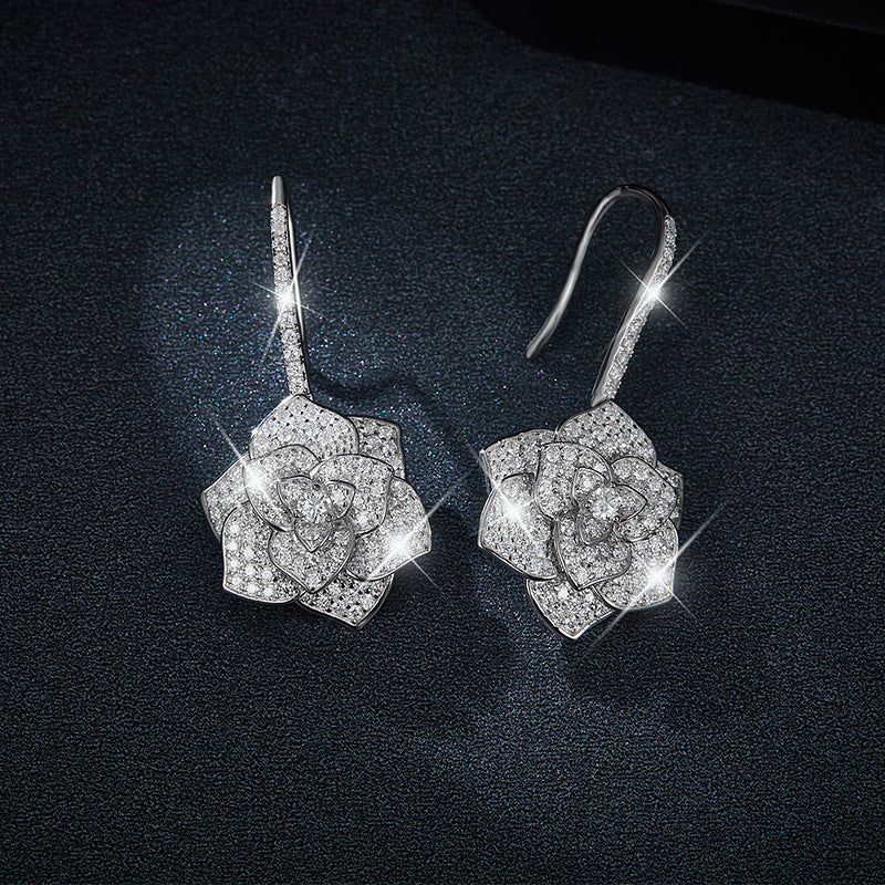 Floral Crystal Drop Earrings, Sparkling Camellia Flower Dangle Earrings for Women product image