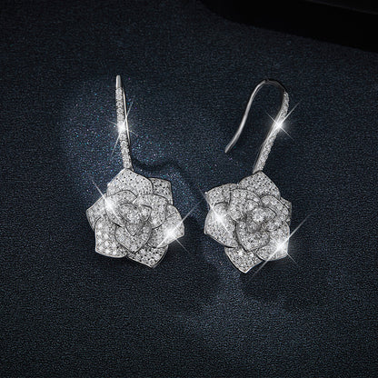 Floral Crystal Drop Earrings, Sparkling Camellia Flower Dangle Earrings for Women