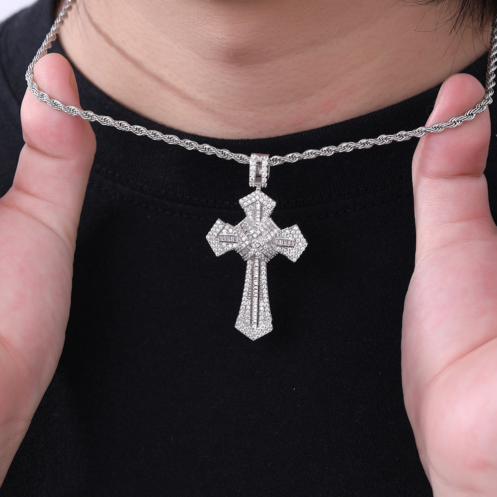 Cross Pendant Rope Chain Necklace, Zircon Inlay, Unisex Street Style