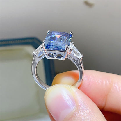 5 Carat Blue Moissanite Ring for Women, Emerald Cut Three Stone Engagement Ring