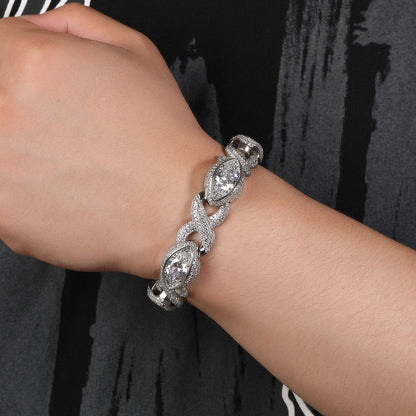 Iced Eye Cuban Link Chain Necklace Bracelet for Men in Silver Tone with Cubic Zirconia Pendant Detail