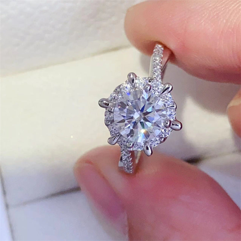 Moissanite Halo Ring for Women, Round Engagement Ring with Pave Band, Promise Ring Sizes 9-19 product image