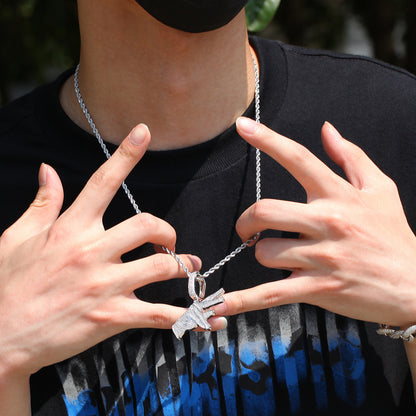 Men’s Iced Out Hand Gesture Pendant Necklace with Cubic Zirconia Twisted Chain