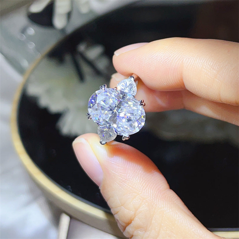 Oval Moissanite Ring for Women, 3-Stone Halo Style Engagement Ring, Geometric Statement Ring product image