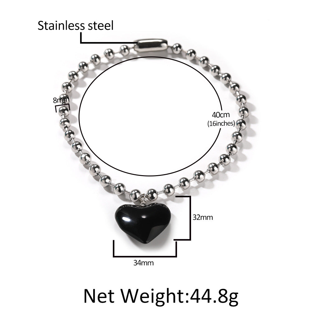 Stainless Steel Heart Pendant Beaded Chain Necklace for Women – Polished Trendy Statement Jewelry