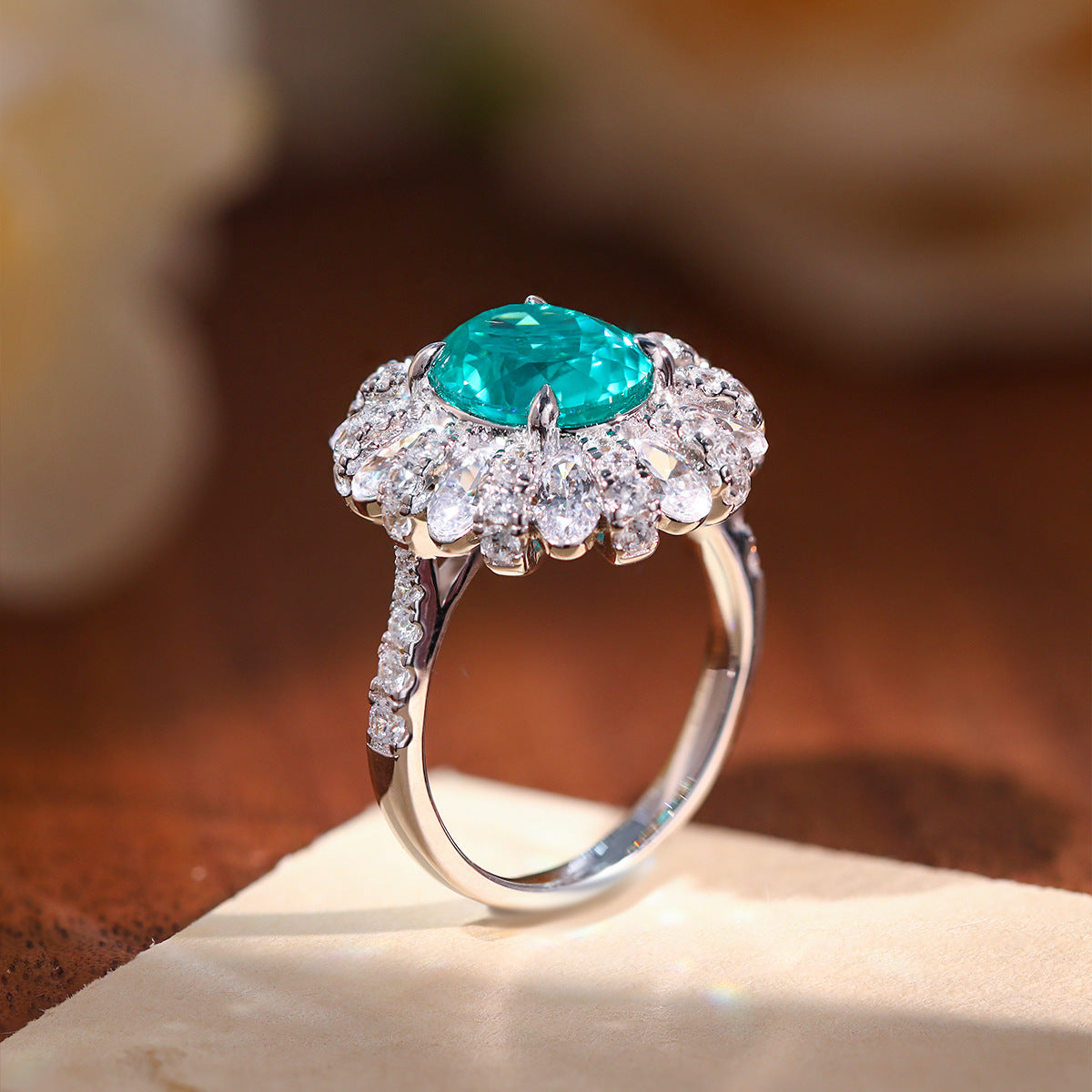 5 Carat Oval Teal Halo Ring for Women, S925 Silver, 18K Gold Plated product image
