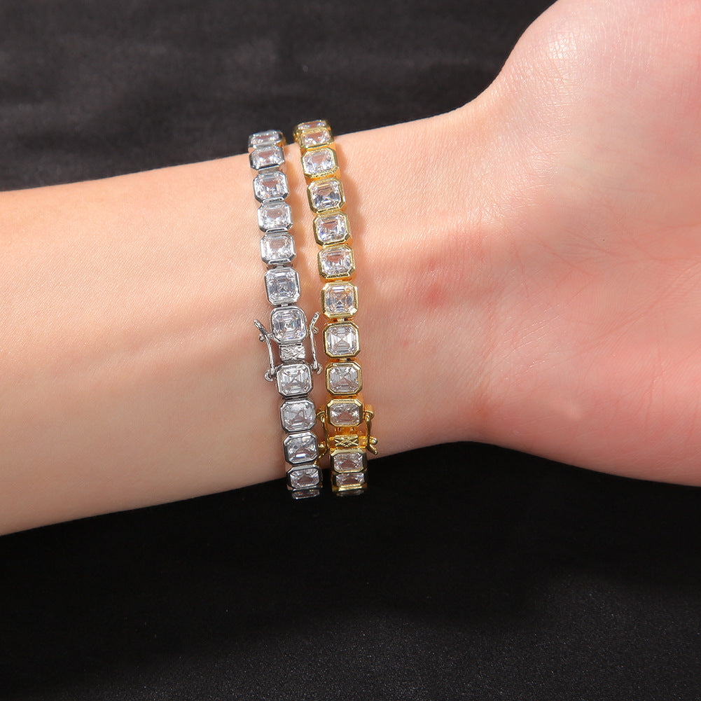 Men’s Iced Out Cubic Zirconia Chain Bracelet in Gold or Silver Tone, Square Stone Hip Hop Statement Bracelet, 7 Inch & 8 Inch