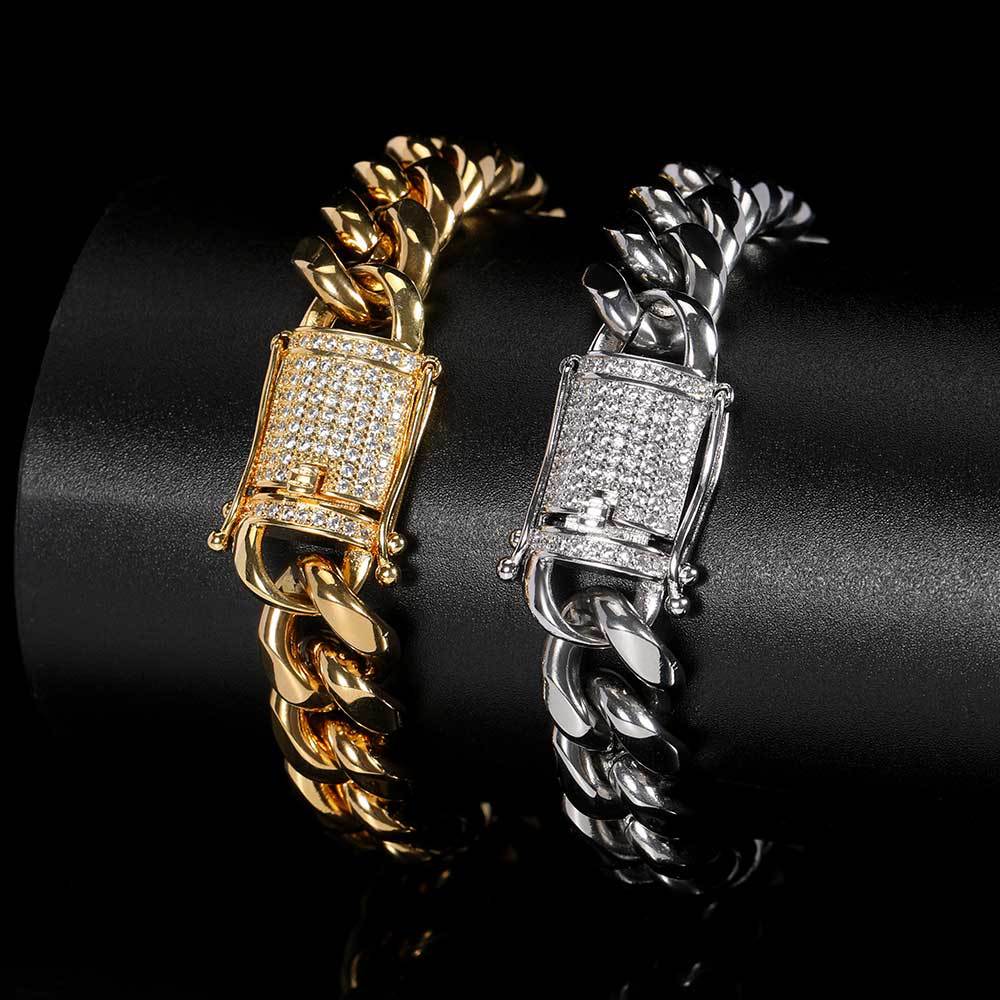 12 mm Polished Cuban with CZ Clasp Stainless steel Bracelet - CHA008 product image