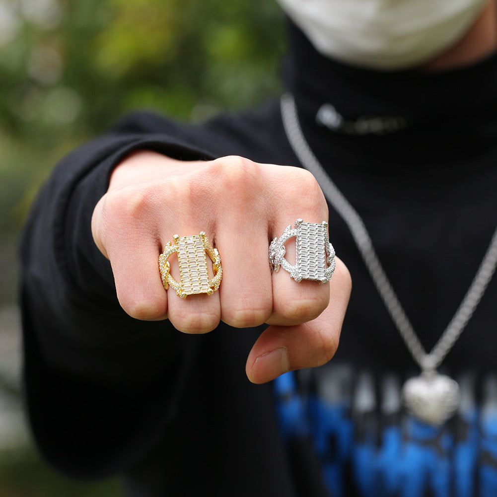 Unisex Iced Out Rectangle Ring - Micro Pave Cubic Zirconia Statement Ring in Gold or Silver Tone, Size 8