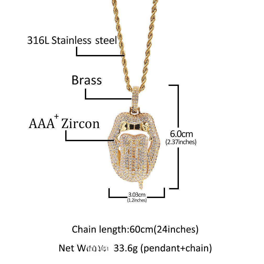 Iced Lip Pendant Necklace with Cubic Zirconia Twisted Chain for Women and Men – Statement Gold, Silver, Rose Gold Tone Necklace