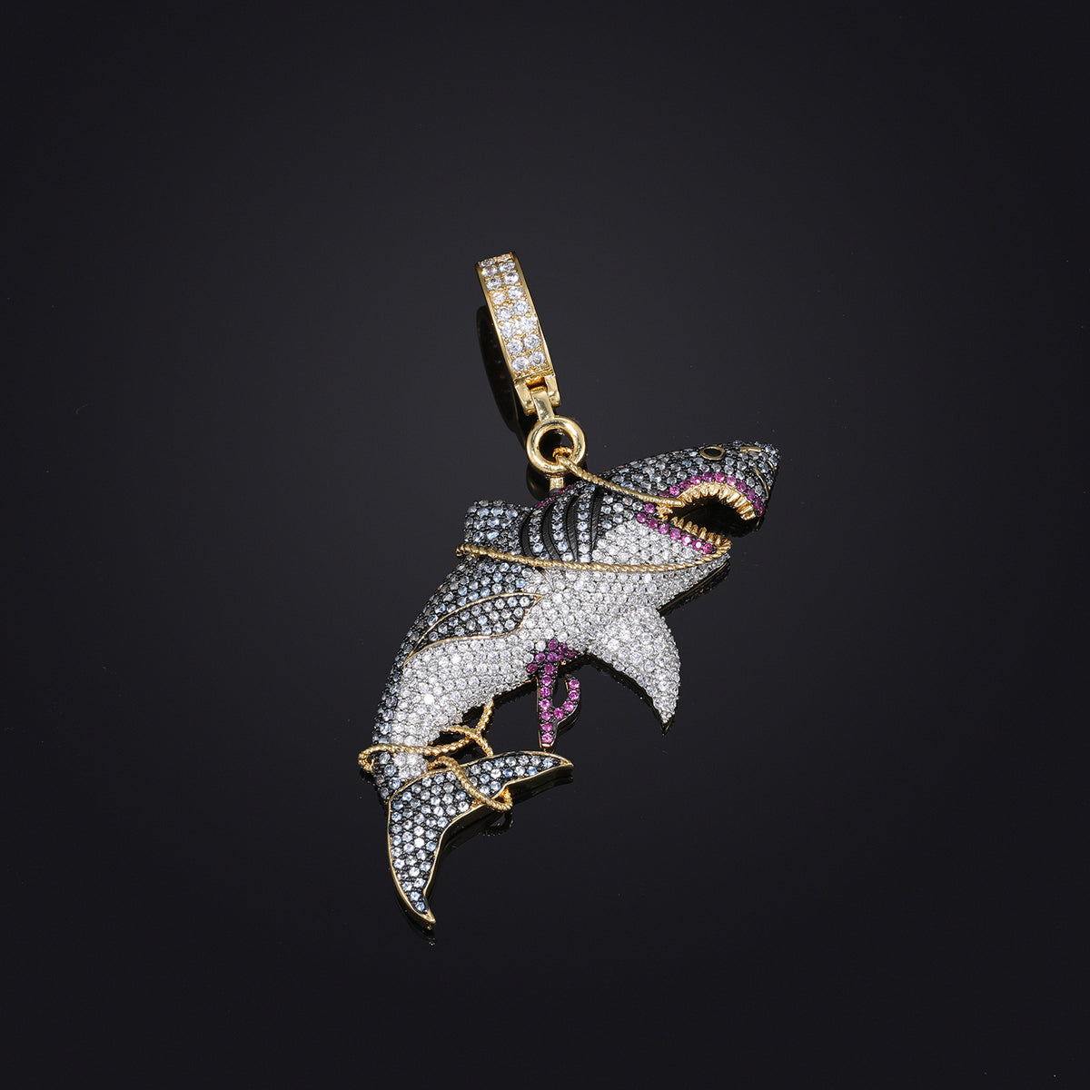 Iced Out Shark Pendant Necklace in Gold Tone with Cubic Zirconia Hip Hop Statement Chain product image