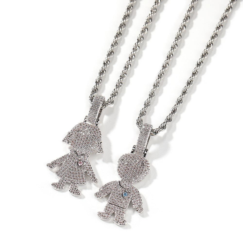 Iced Cartoon Boy & Girl Pendant Necklace with Cubic Zirconia Twisted Chain