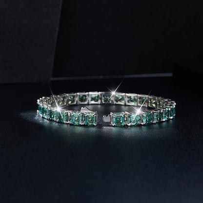 Unisex 5.5mm Blue-Green Square Moissanite Tennis Bracelet, Iced Out Hip Hop Jewelry