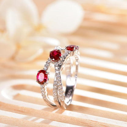 S925 Red Ruby Crossover Geometric Ring for Women