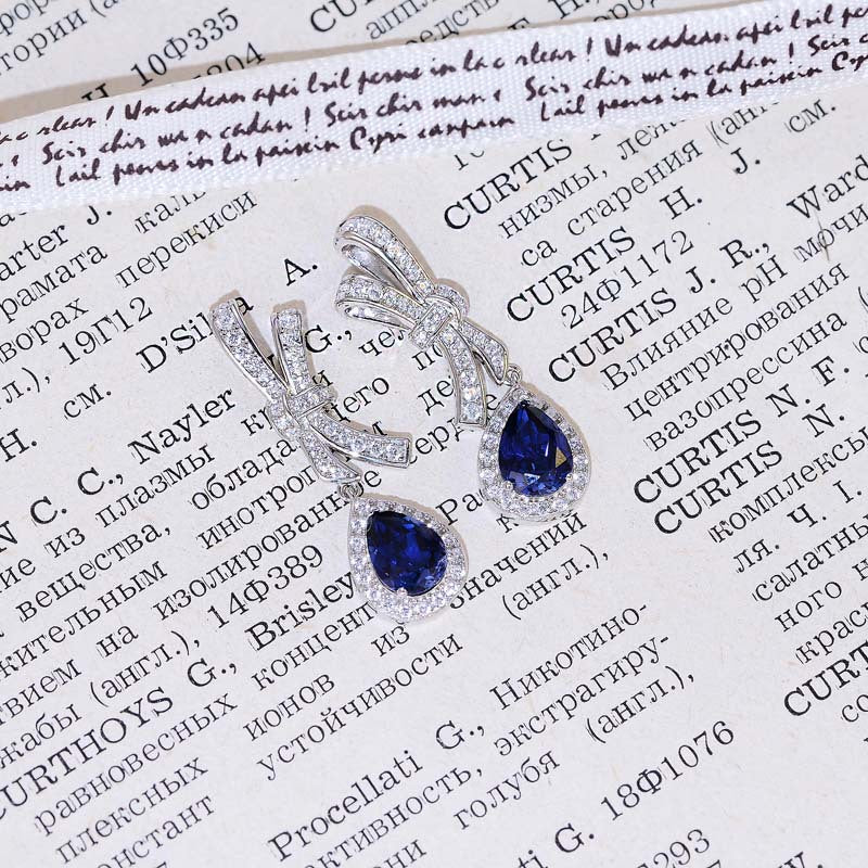 Royal Blue Teardrop Drop Earrings in 925 Silver, Bow Design for Women product image