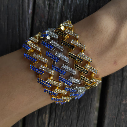 Unisex Iced Chain Link Bracelet 8 Inch Gold Silver Black Blue Statement Jewelry