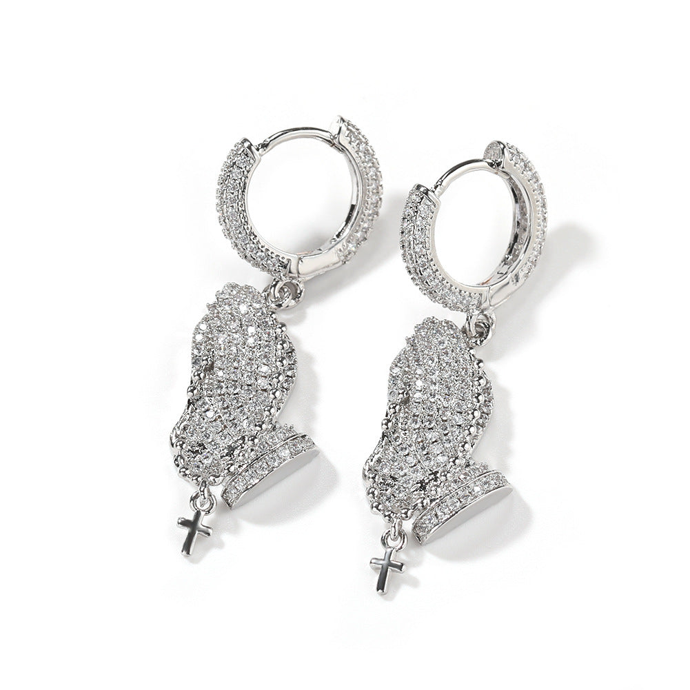 Iced Praying Hands Hoop Earrings for Women and Men – Gold Plated or Silver Plated Hip Hop Statement Earrings product image