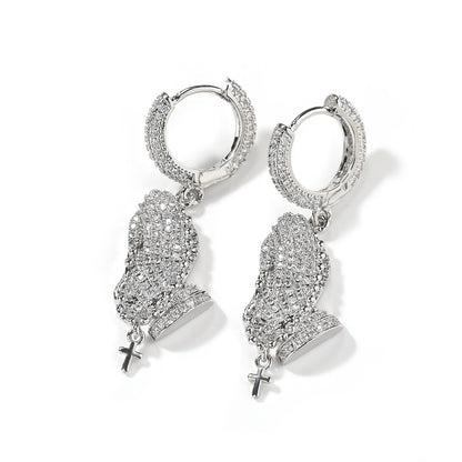 Iced Praying Hands Hoop Earrings for Women and Men – Gold Plated or Silver Plated Hip Hop Statement Earrings