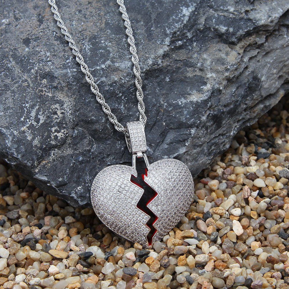 Iced Broken Heart Pendant Necklace for Women & Men – Cubic Zirconia Hip Hop Statement Chain in Gold, Silver & Two-Tone