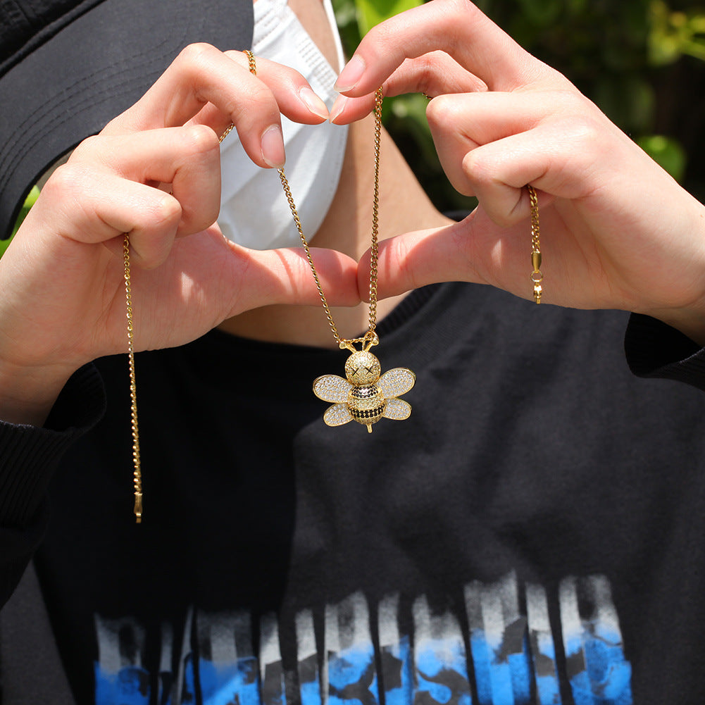 Iced Out Bee Pendant Necklace with Cuban Chain for Women Men, Cubic Zirconia Statement Necklace in Gold or Silver Tone