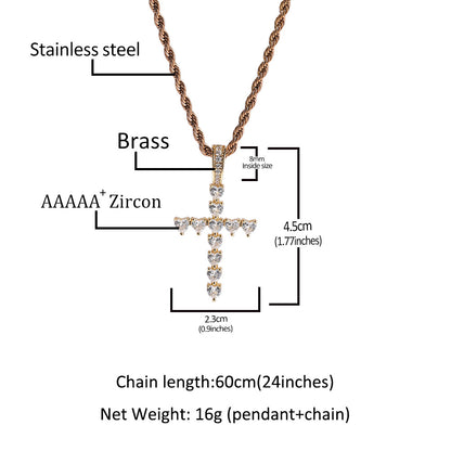 Iced Cross Pendant Necklace for Women and Men - Cubic Zirconia Statement Chain in Gold or Silver, 24 Inch Twist Rope Chain