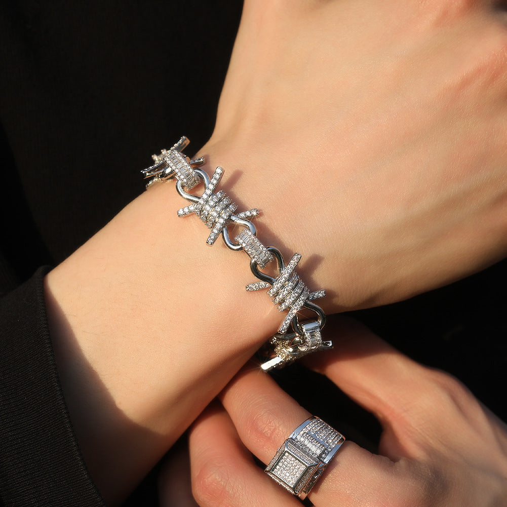 Iced Barbed Wire Chain Necklace Bracelet for Men - Silver or Gold Plated Statement Cubic Zirconia Hip Hop Jewelry