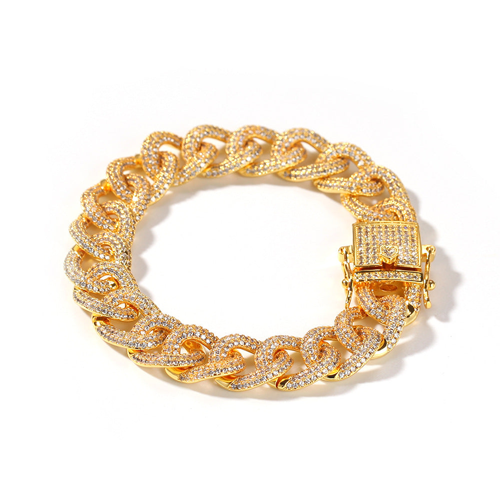 Iced Out Cuban Link Bracelet with Cubic Zirconia for Women & Men – Statement Hip Hop Chain in Gold, Silver, Gun Black