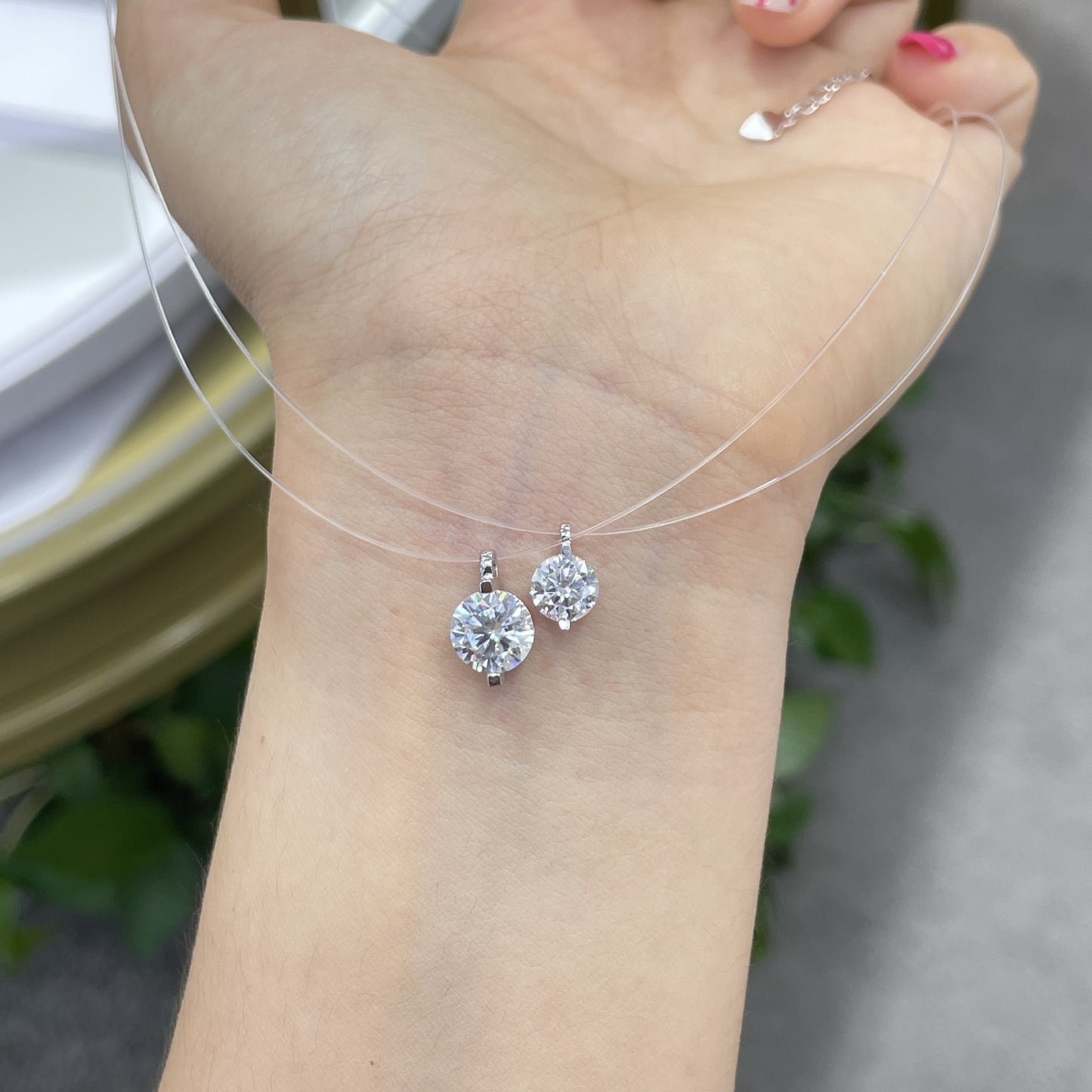 Invisible Line Double Round Pendant Necklace, Clear Sparkle, S925 Silver product image