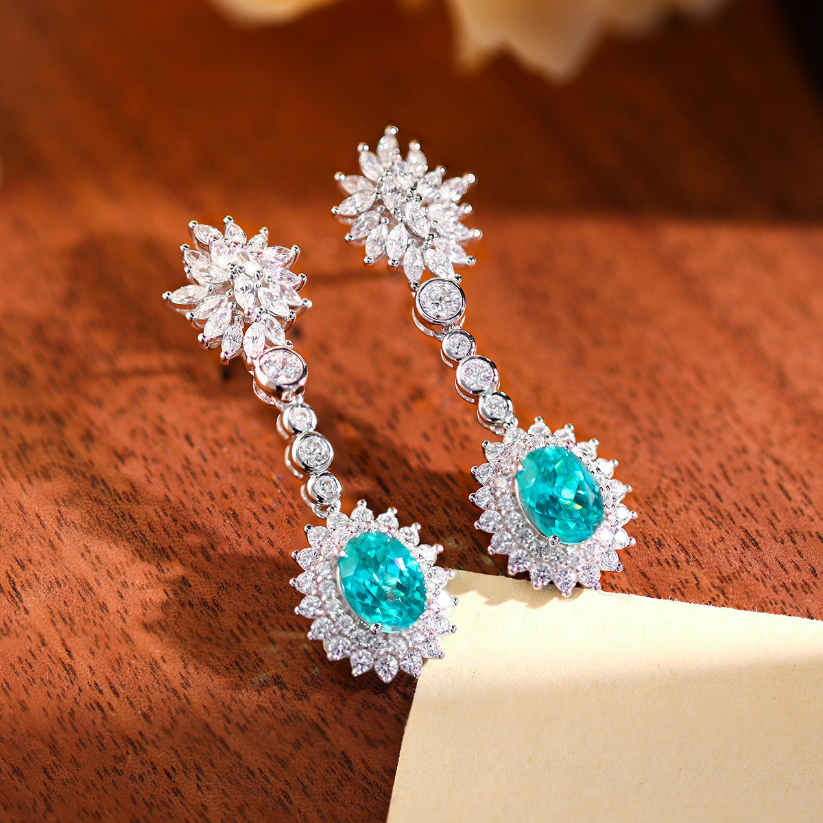 Teal Floral Drop Earrings, Marquise Crystal Halo Studs, 18K Gold Plated product image