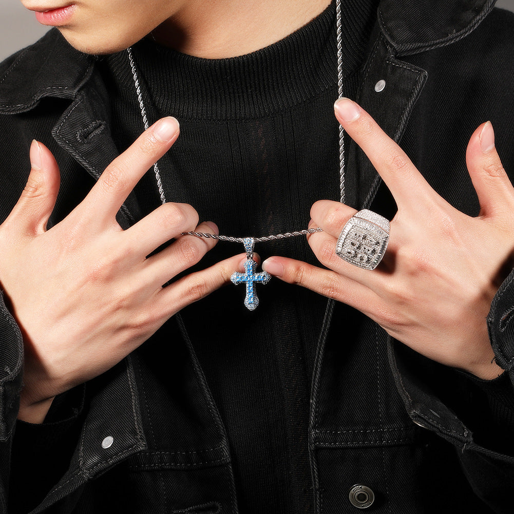 Iced Cross Pendant Necklace with Zircon Stone on Stainless Steel Twist Chain - Unisex Hip Hop Statement Jewelry product image