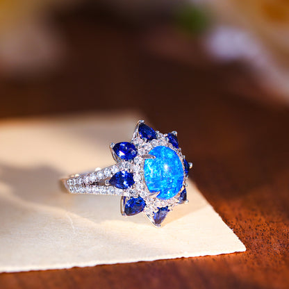 Blue Opal Halo Ring for Women, S925 Silver, 18K Gold Plated Sapphire Accent Ring