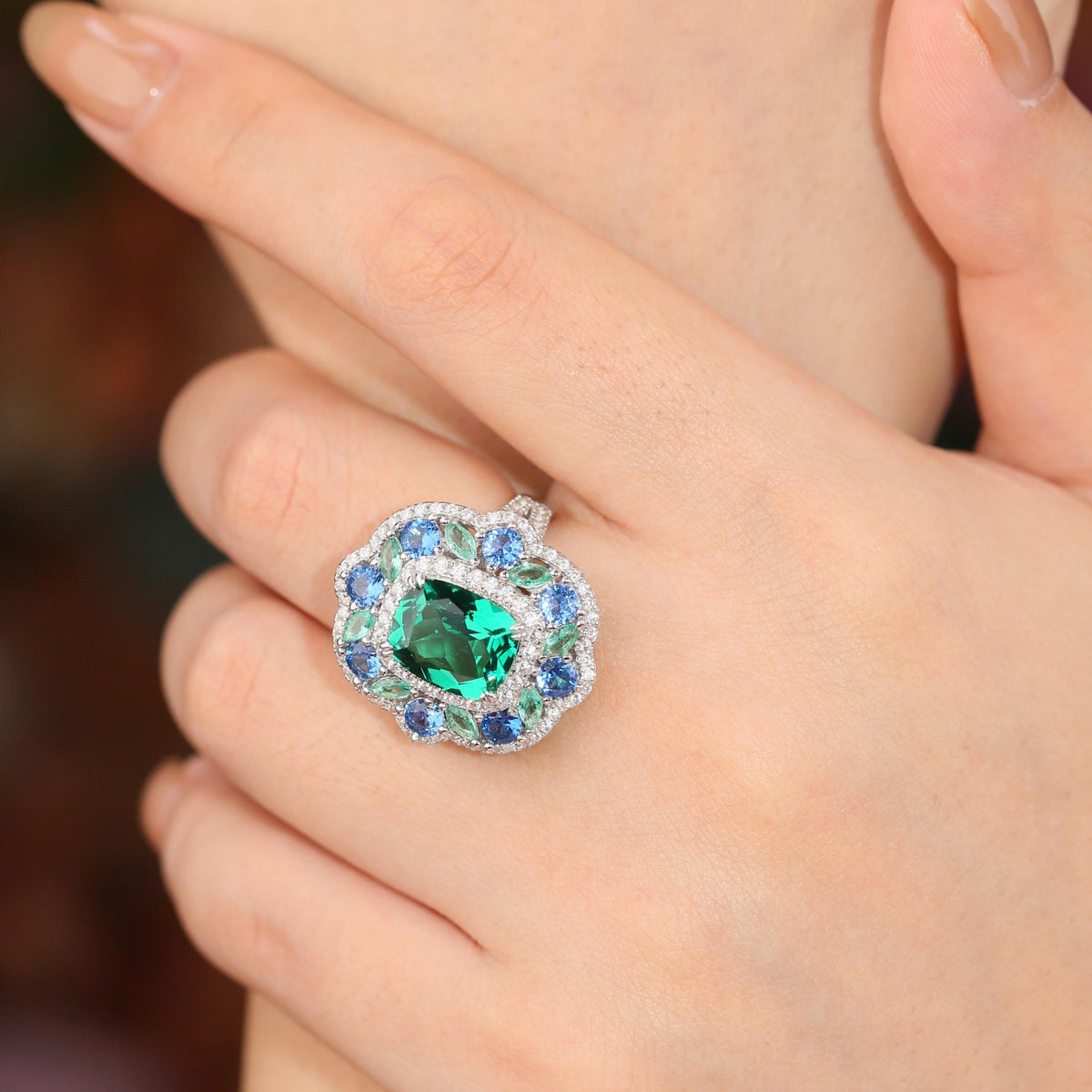 5 Carat Moissanite Halo Ring, Green Center Stone, Blue Accent Ring, S925 Sterling Silver product image
