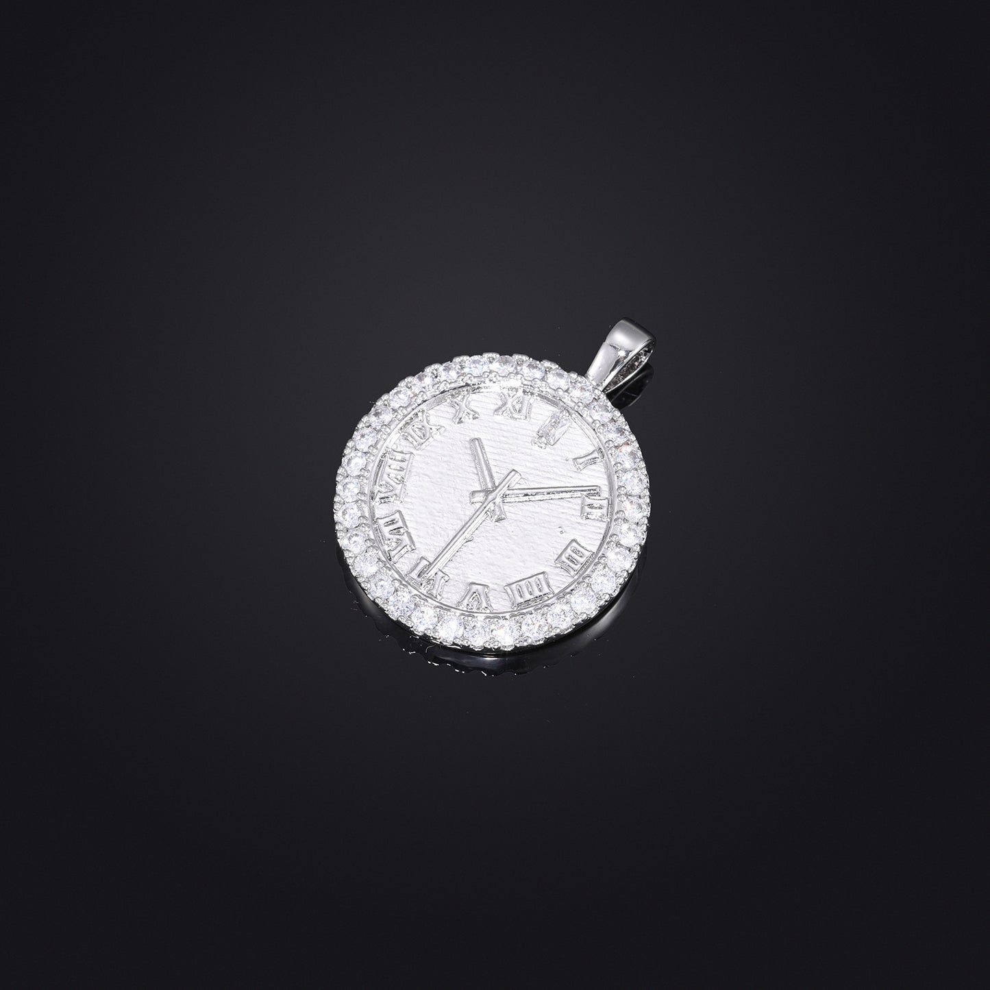 Iced Out Roman Numeral Clock Pendant Necklace in 925 Silver Tone with Cubic Zirconia product image
