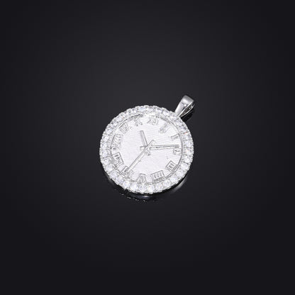 Iced Out Roman Numeral Clock Pendant Necklace in 925 Silver Tone with Cubic Zirconia