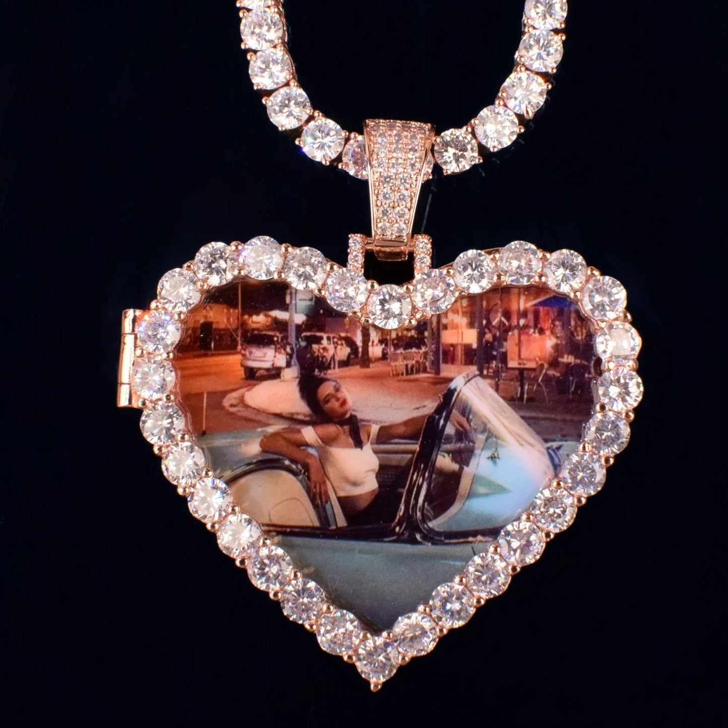 Iced Heart Photo Pendant Necklace Unisex