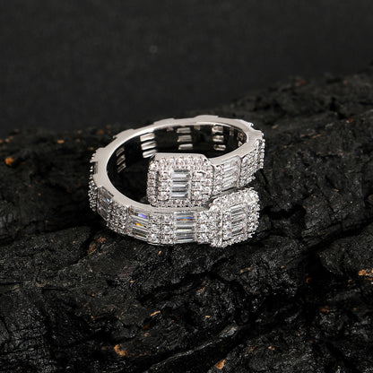 Hip Hop Light Luxury Square Cubic Zirconia Ring for Men and Women