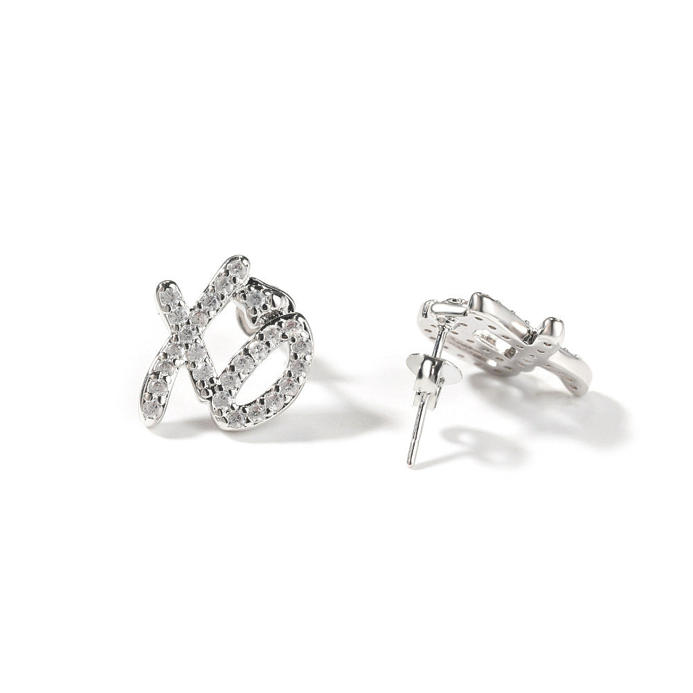 Cubic Zirconia XO Letter Stud Earrings for Women & Men, Gold or Silver Tone Copper Hip Hop Statement Earrings