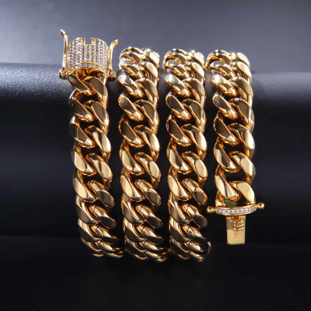 Unisex Stainless Steel Cuban Link Chain Necklace & Bracelet Set, Gold Plated Statement Jewelry