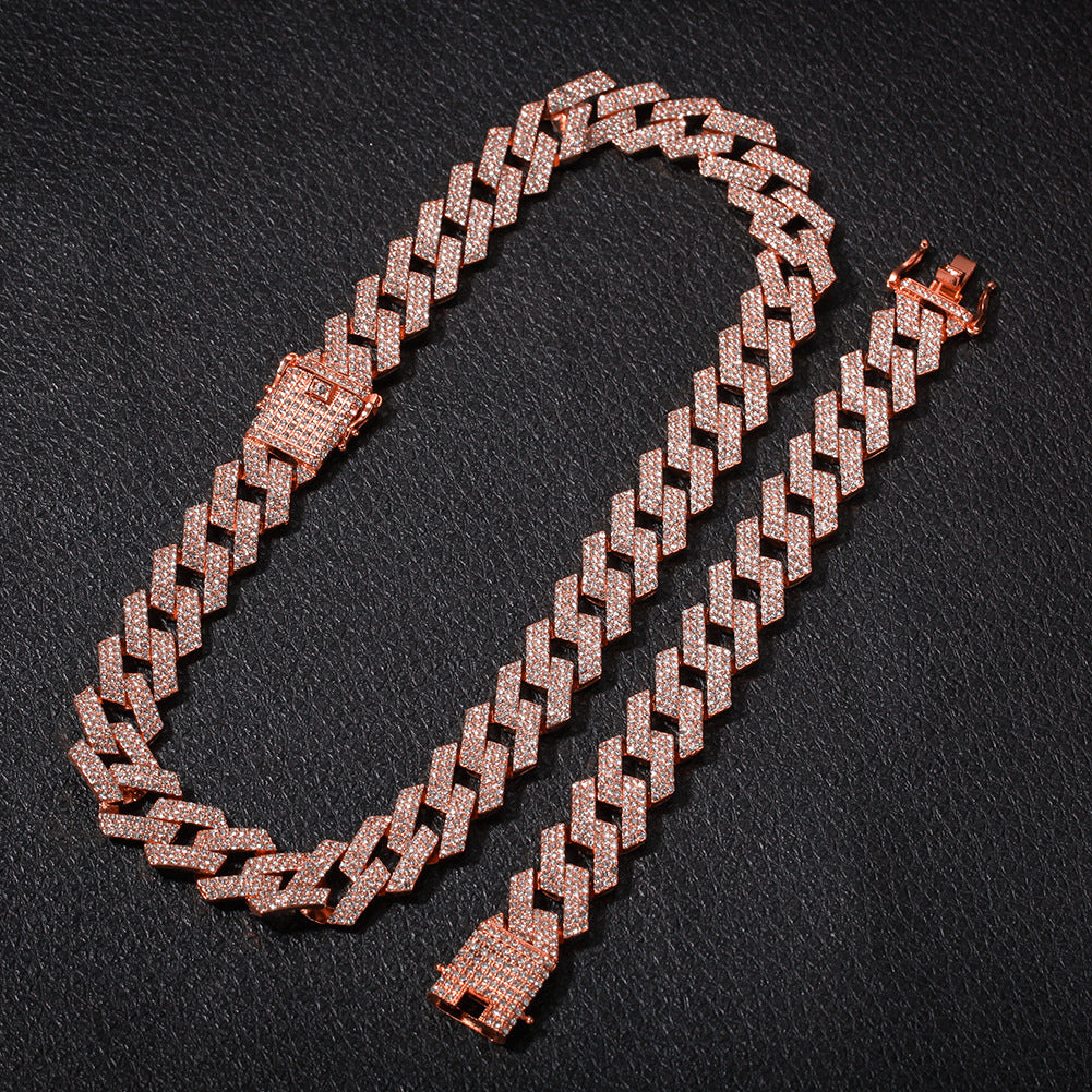 Iced Out Cuban Link Chain Necklace & Bracelet Set for Men – 3 Row Cubic Zirconia Statement Jewelry in Gold, Silver & Rose Gold