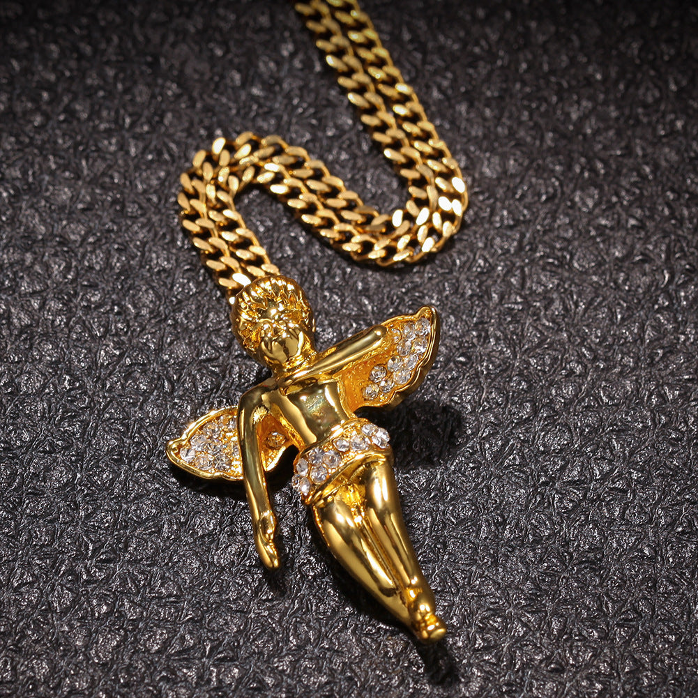 Iced Angel Pendant Necklace with 60cm Stainless Steel Cuban Chain for Women & Men