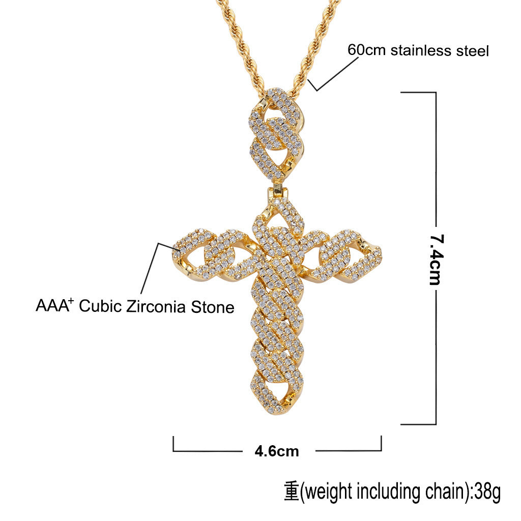 Hip Hop Cross Diamond Shape Cubic Zirconia Pendant Necklace for Men and Women