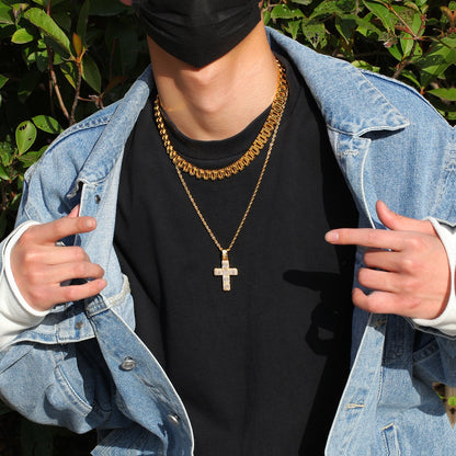Unisex Iced Cross Pendant Necklace Stainless Steel Twisted Chain in Gold or Silver