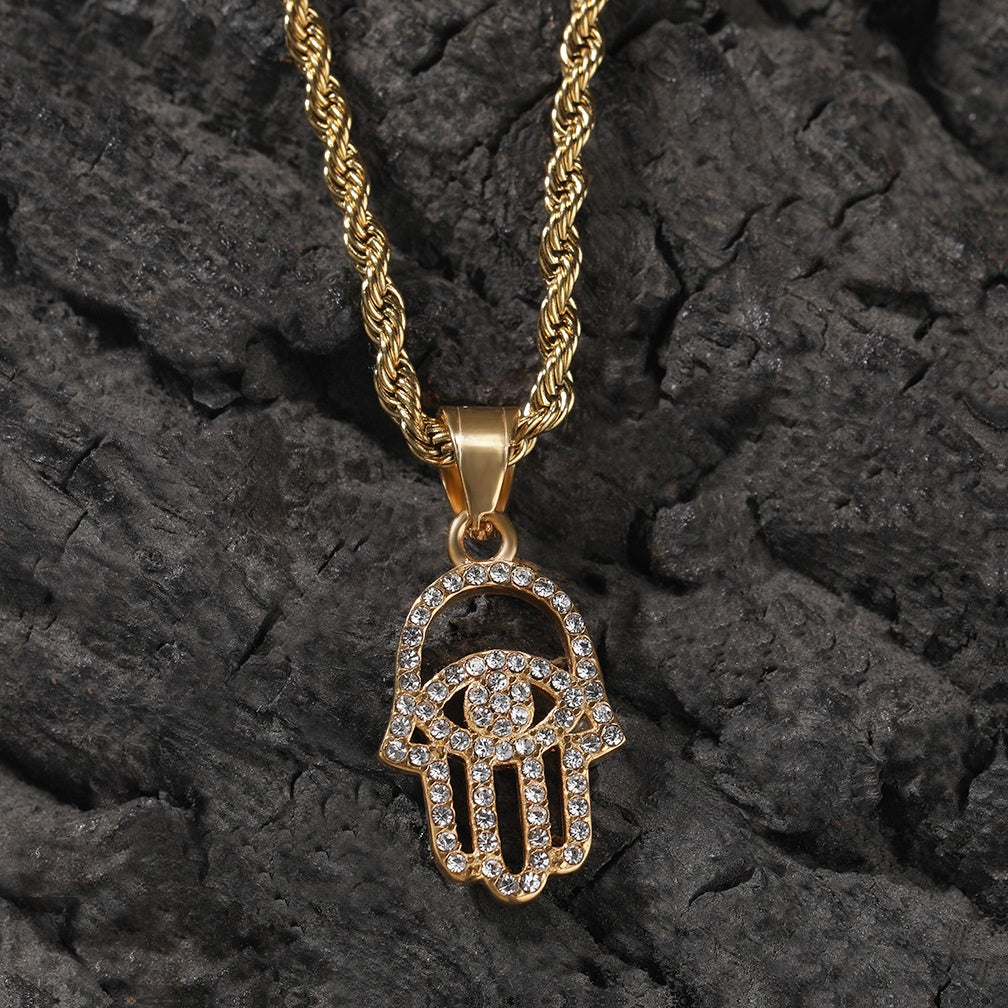 Gold Stainless Steel Irregular Hand Pendant Necklace with Diamond-Look Crystal Hip Hop Chain for Women