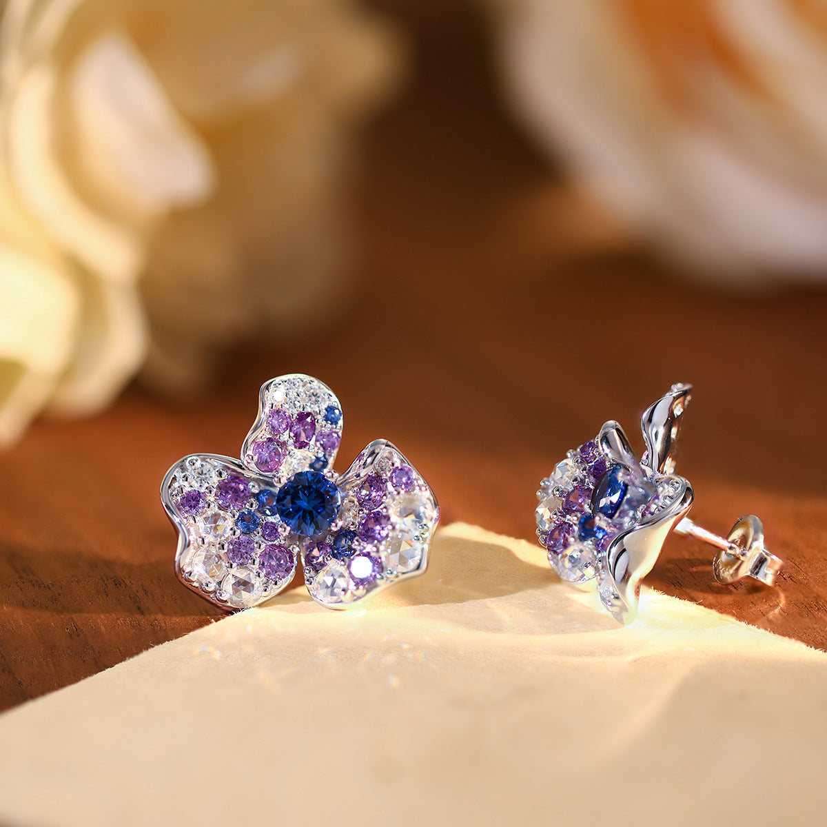 Irregular Flower Stud Earrings, Blue Crystal, S925 18K Plated product image