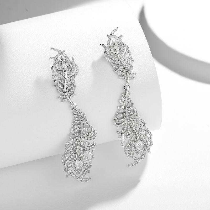 Feather Moissanite Drop Earrings for Women, S925 Silver 18K Gold Plated Ear Studs product image