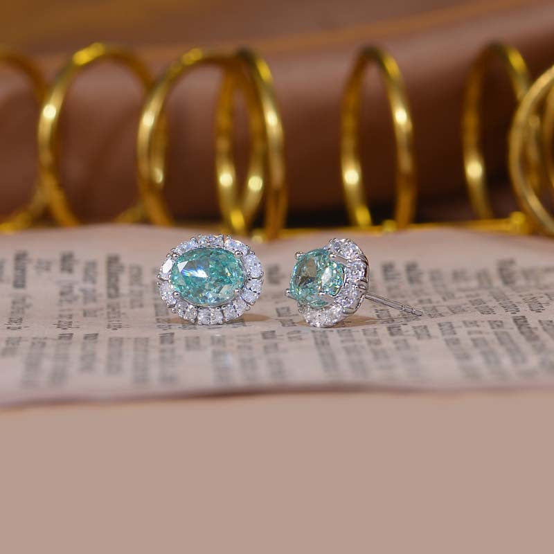 Oval Green Halo Stud Earrings for Women, Sterling Silver product image